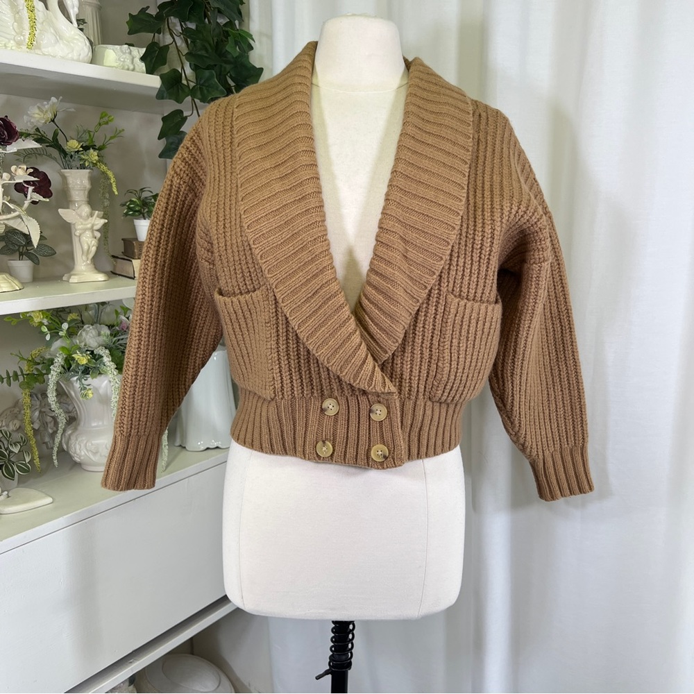 Anthropologie Deep V Double Breasted Large Collar Tan Camel Knit Cardigan